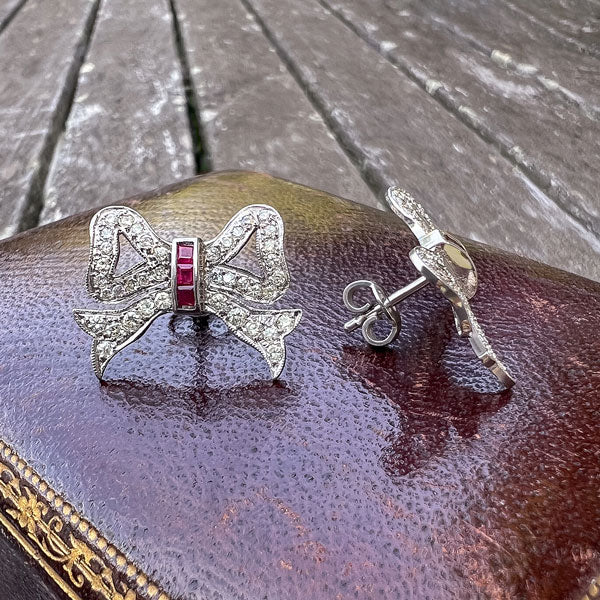 Vintage Ruby & Diamond Bow Earrings - Image 3