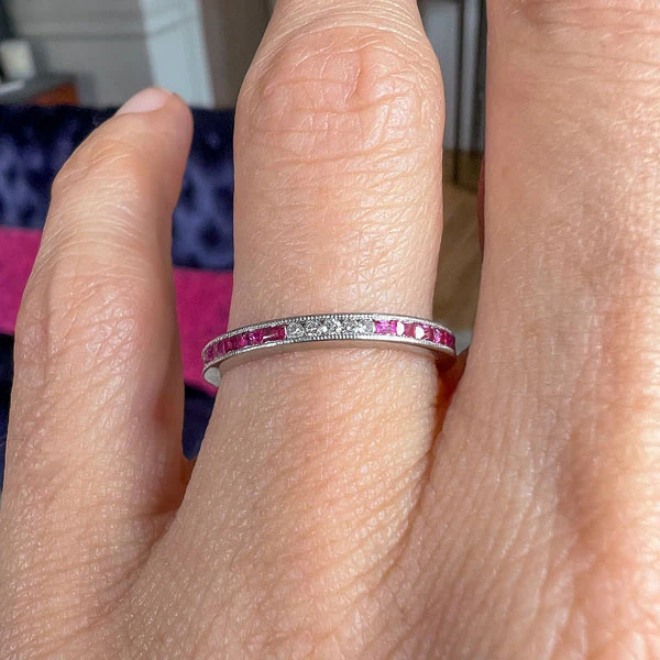Art Deco Ruby & Diamond Eternity Band Ring, Size 6 1/2 - Image 2