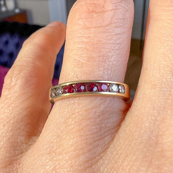 Vintage Ruby & Diamond Band Ring, Size 6