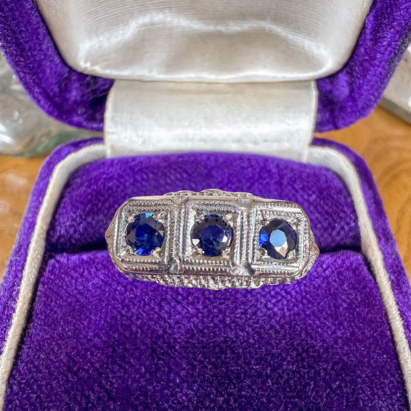 Vintage Sapphire Filigree Three Stone Ring