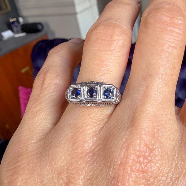 Vintage Sapphire Filigree Three Stone Ring - Image 2