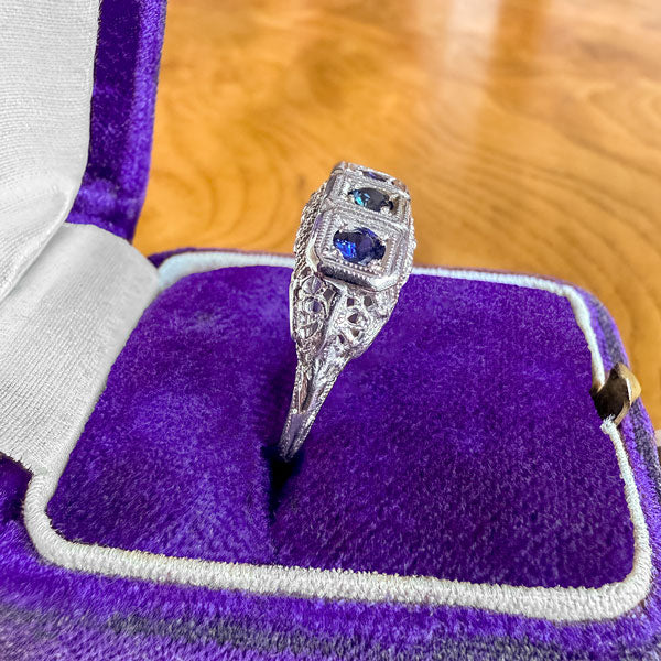 Vintage Sapphire Filigree Three Stone Ring - Image 4