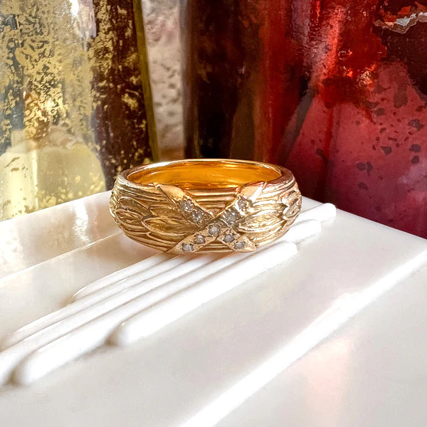Vintage Patterned & Diamond Wedding Band, Size 7