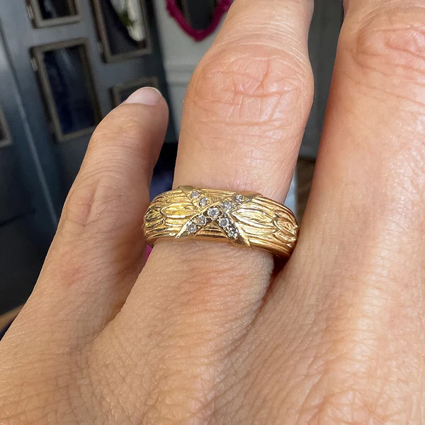 Vintage Patterned & Diamond Wedding Band, Size 7 - Image 2
