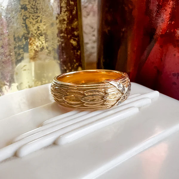 Vintage Patterned & Diamond Wedding Band, Size 7 - Image 3